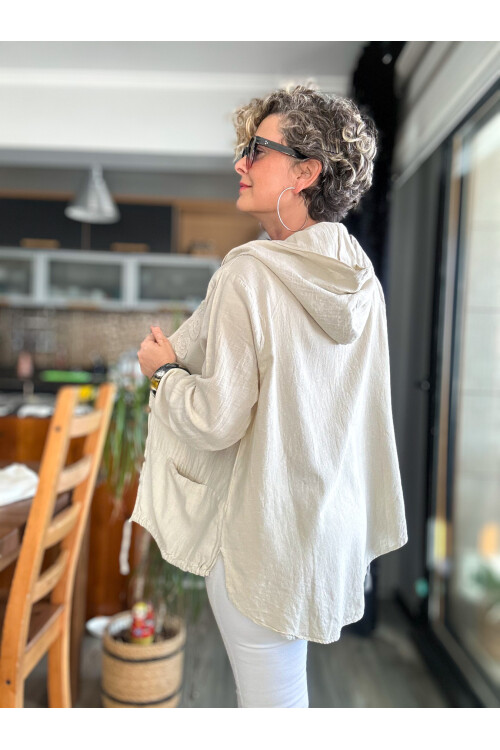 Papel Nakış Detaylı İpli Kapşonlu Hırka Ceket Ekru