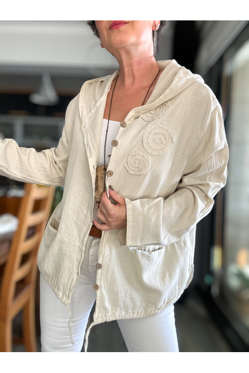Papel Nakış Detaylı İpli Kapşonlu Hırka Ceket Ekru