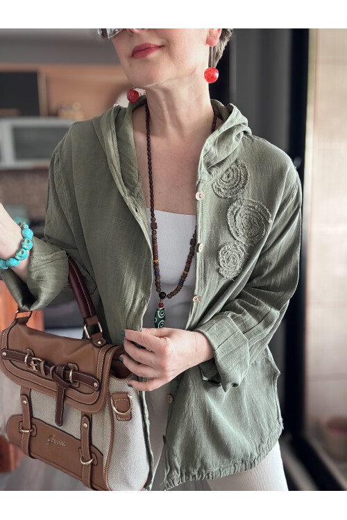 Papel Nakış Detaylı İpli Kapşonlu Hırka Ceket Haki