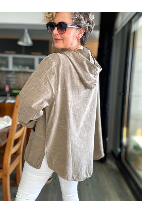 Papel Nakış Detaylı İpli Kapşonlu Hırka Ceket Vizon