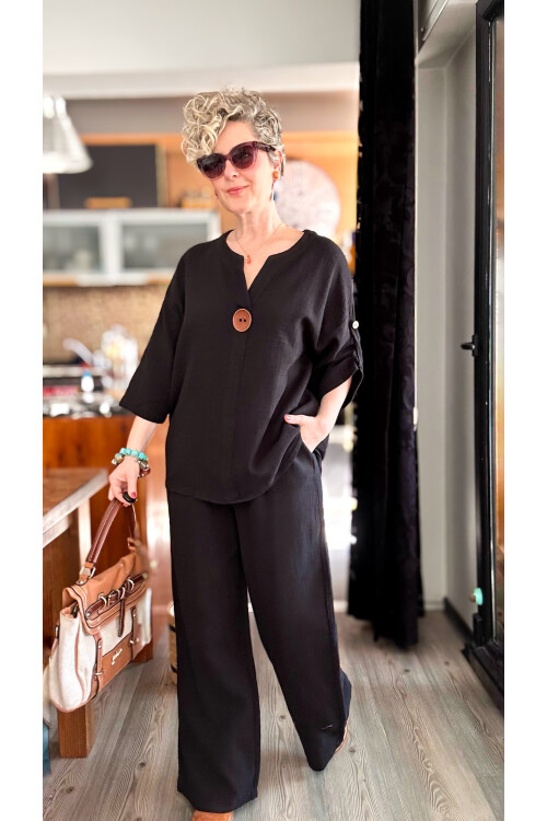 Passero Müslin Tahta Düğmeli Bluz Pantolon Takım Siyah