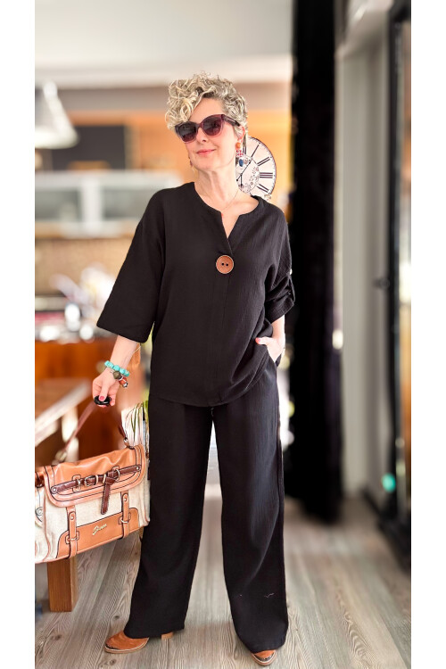 Passero Müslin Tahta Düğmeli Bluz Pantolon Takım Siyah