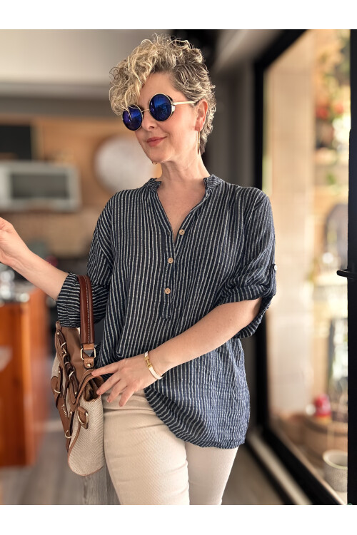 Patto Çizgi Desen İtalyan Gömlek Navy