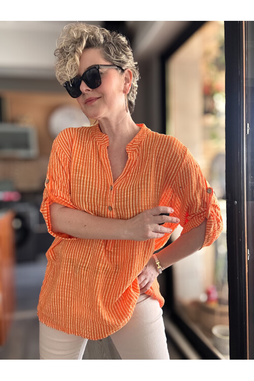 Patto Çizgi Desen İtalyan Gömlek Orange