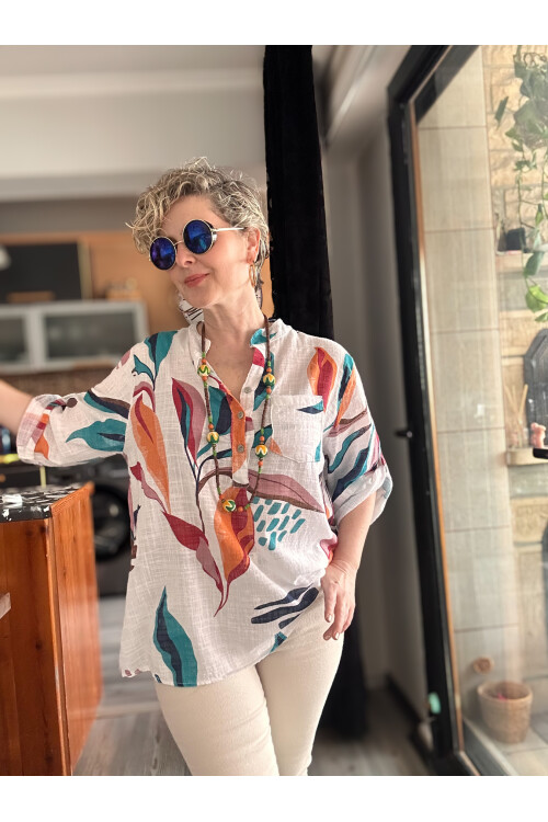 Pavvi Lotus Desen İtalyan Gömlek Beyaz