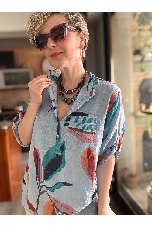 Pavvi Lotus Desen İtalyan Gömlek Mavi