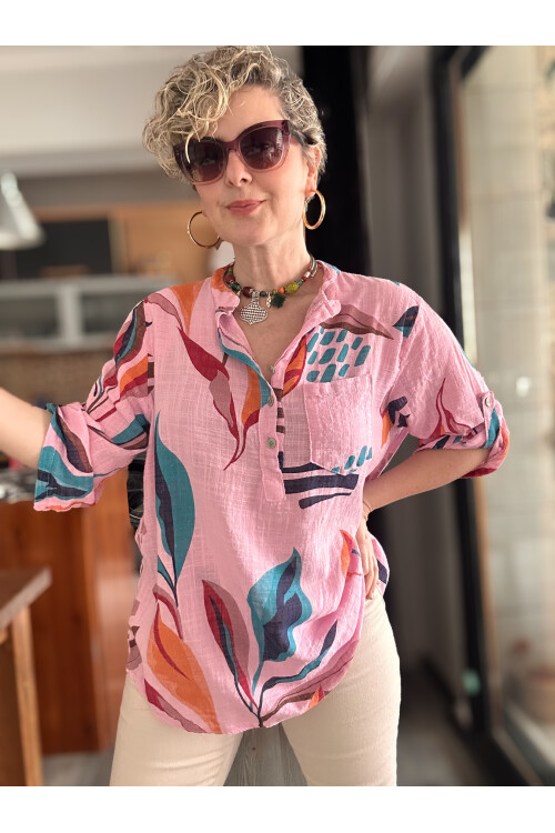 Pavvi Lotus Desen İtalyan Gömlek Pembe