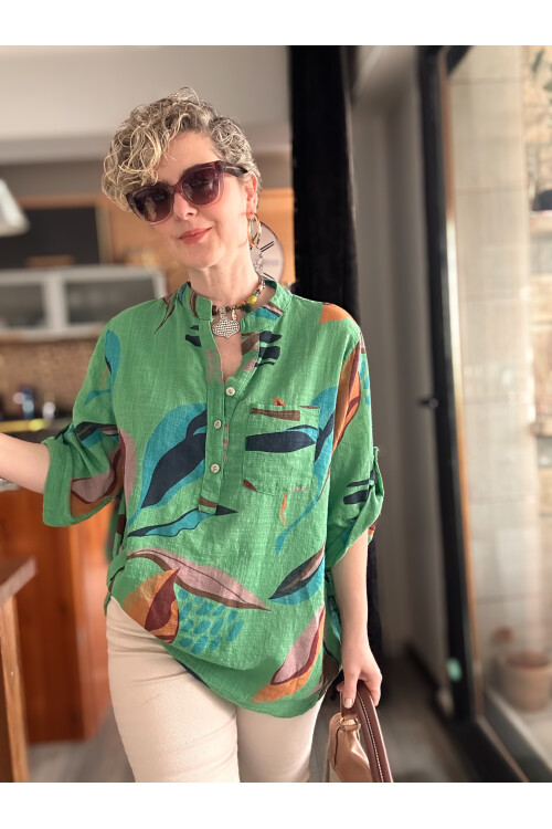 Pavvi Lotus Desen İtalyan Gömlek Yeşil