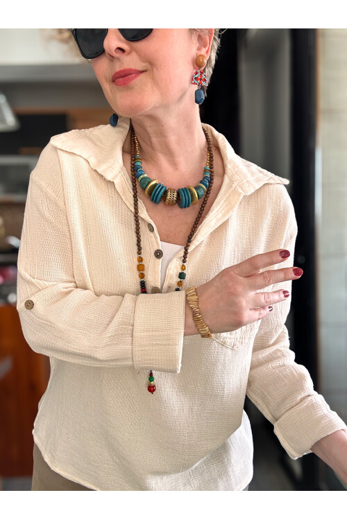 Pelas Tasarım Petek Doku Yakalı Gömlek Bej