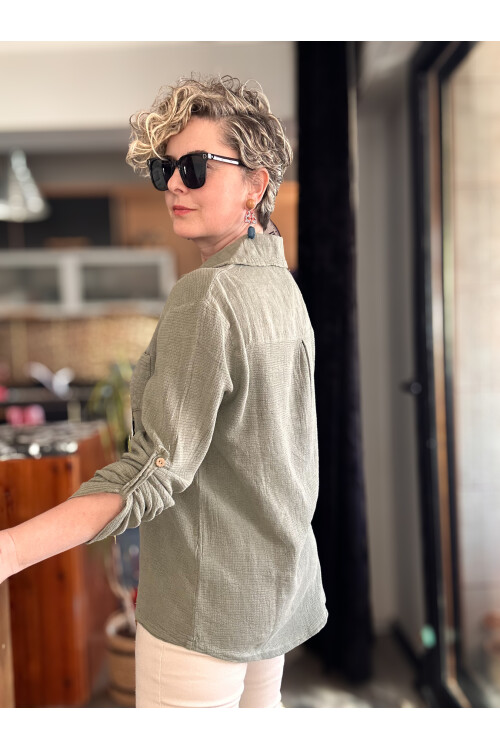 Pelas Tasarım Petek Doku Yakalı Gömlek Haki