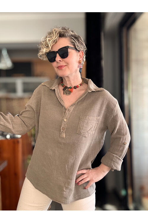 Pelas Tasarım Petek Doku Yakalı Gömlek Vizon