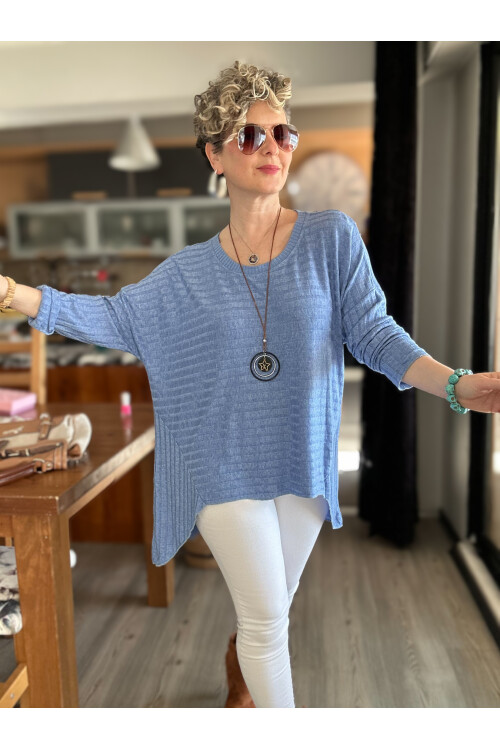 Pelle İtalyan Kolyeli Fitil Desen Bluz İndigo