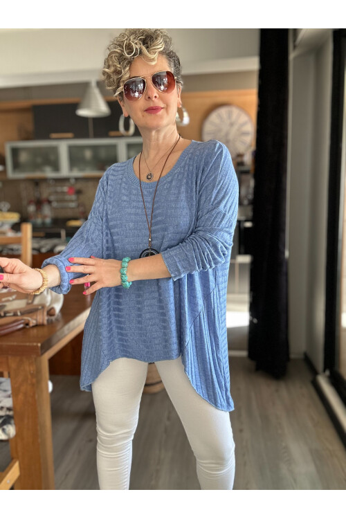 Pelle İtalyan Kolyeli Fitil Desen Bluz İndigo