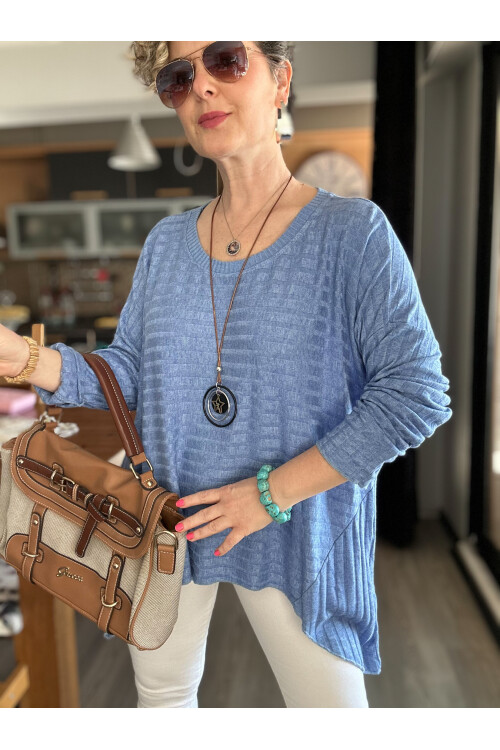 Pelle İtalyan Kolyeli Fitil Desen Bluz İndigo