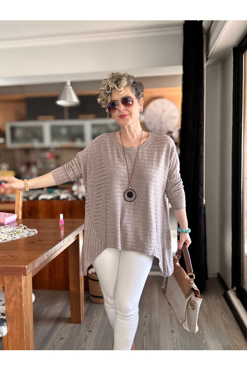 Pelle İtalyan Kolyeli Fitil Desen Bluz Vizon