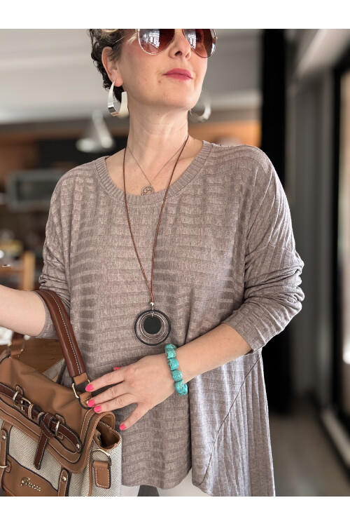 Pelle İtalyan Kolyeli Fitil Desen Bluz Vizon