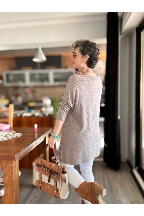 Pelle İtalyan Kolyeli Fitil Desen Bluz Vizon