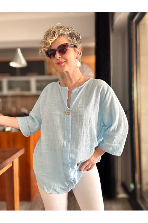 Peppino İtalyan Tahta Düğme Detay Bluz Bebe Mavi