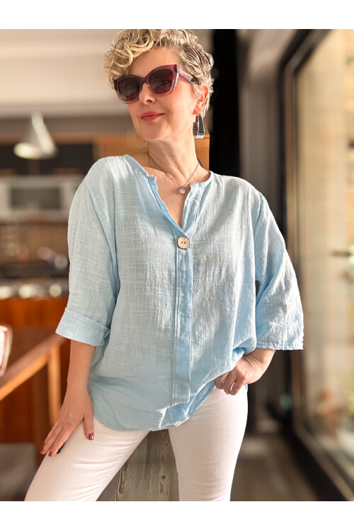 Peppino İtalyan Tahta Düğme Detay Bluz Bebe Mavi