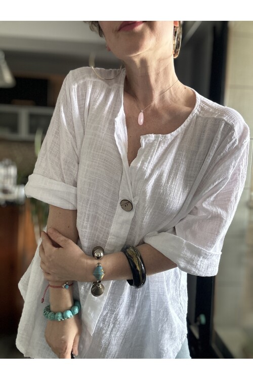 Peppino İtalyan Tahta Düğme Detay Bluz Beyaz