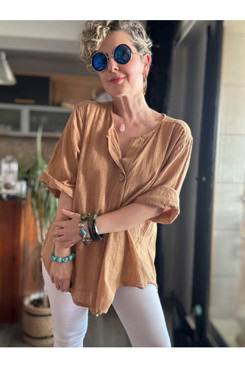 Peppino İtalyan Tahta Düğme Detay Bluz Cappucino