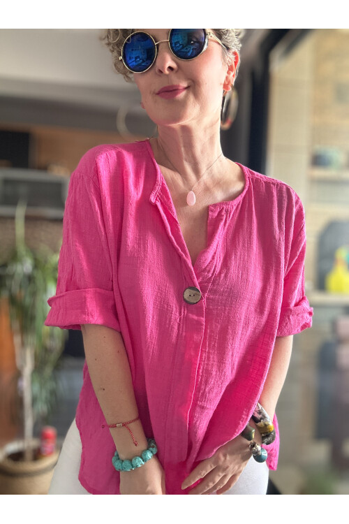 Peppino İtalyan Tahta Düğme Detay Bluz Fuşya