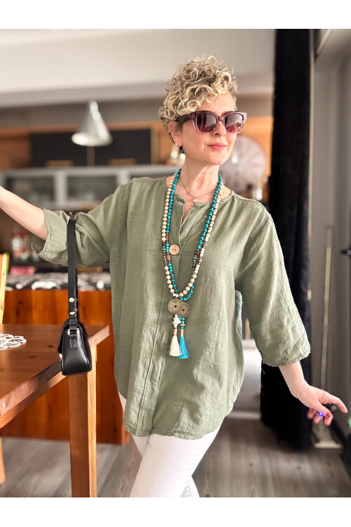 Peppino İtalyan Tahta Düğme Detay Bluz Haki