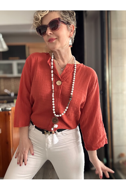 Peppino İtalyan Tahta Düğme Detay Bluz Kiremit