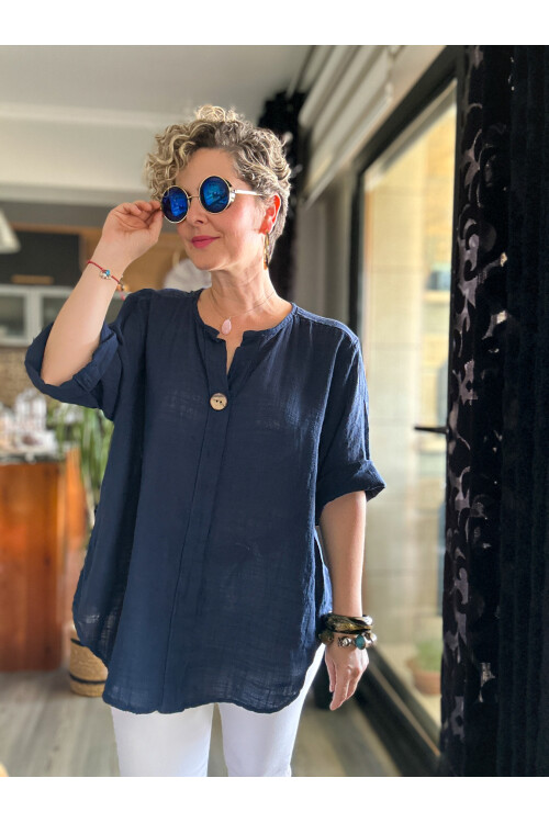 Peppino İtalyan Tahta Düğme Detay Bluz Lacivert