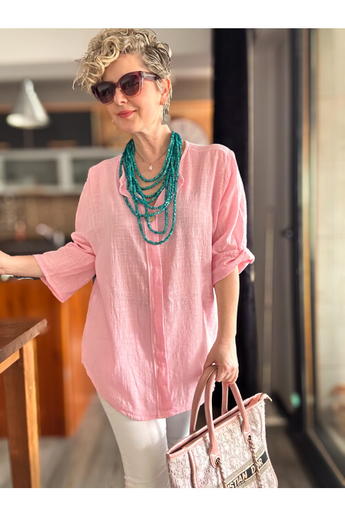 Peppino İtalyan Tahta Düğme Detay Bluz Pembe