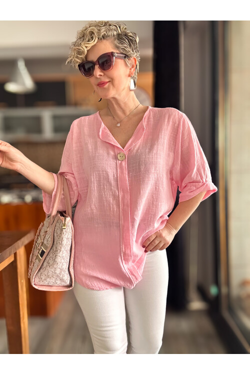 Peppino İtalyan Tahta Düğme Detay Bluz Pembe