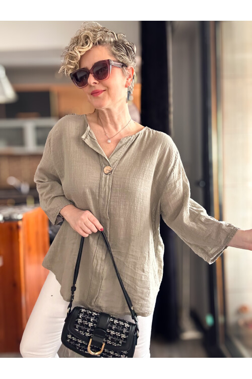 Peppino İtalyan Tahta Düğme Detay Bluz Vizon