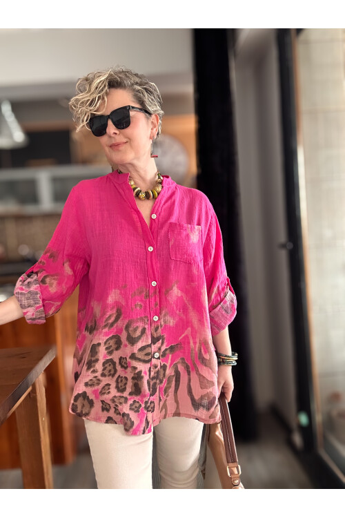 Pezzi VİP Leopar Desen İtalyan Gömlek Fuşya