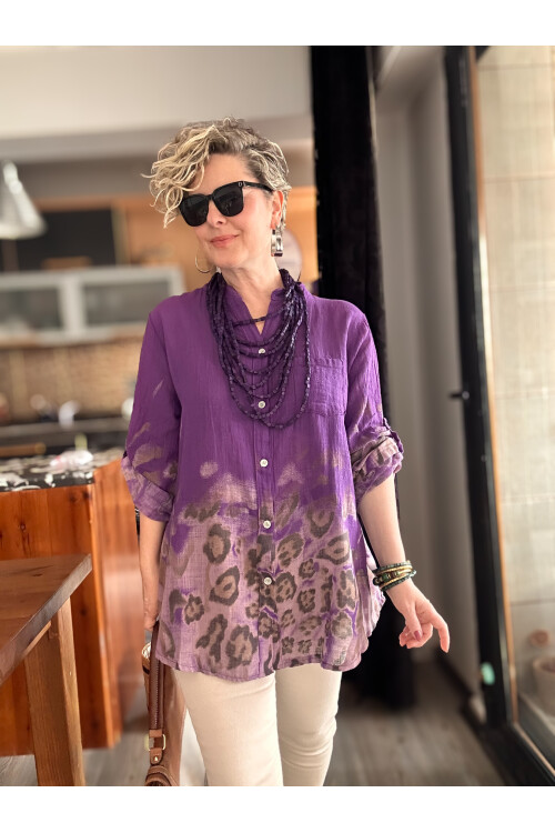 Pezzi VİP Leopar Desen İtalyan Gömlek Mor