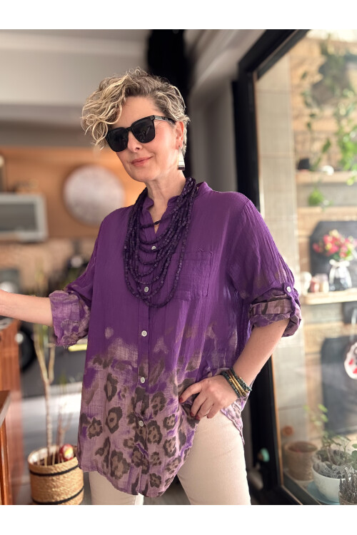 Pezzi VİP Leopar Desen İtalyan Gömlek Mor