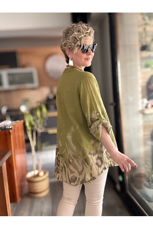 Pezzi VİP Leopar Desen İtalyan Gömlek Yağ Yeşil