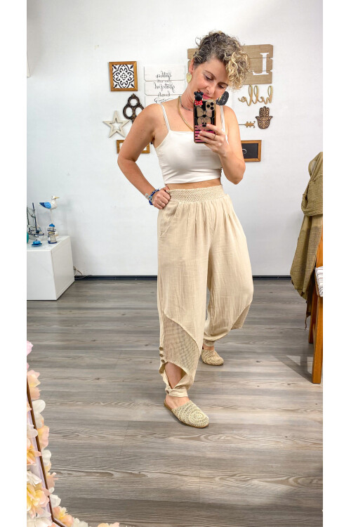 Piango Tasarım Paça File Detay Pantolon Bej