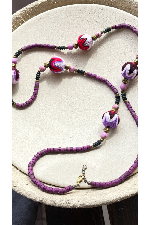 Pins Doğal Taş Detay Etnik Kolye Mor