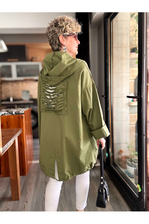 Pizza Tasarım Kapşonlu Sırt Pul Detay Ceket Haki