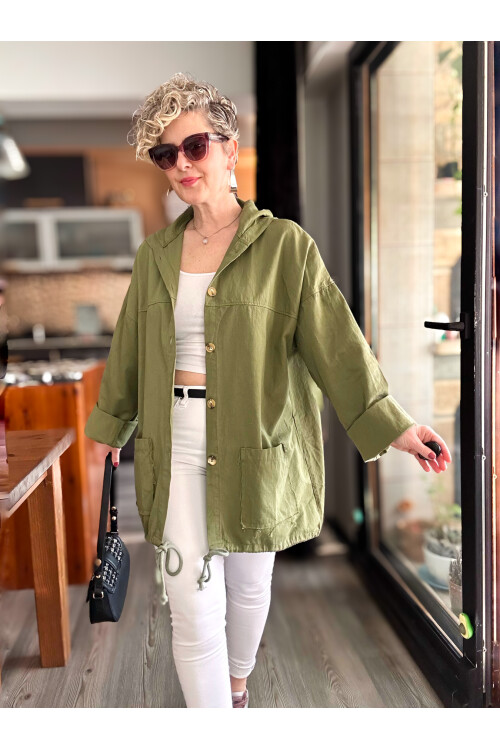 Pizza Tasarım Kapşonlu Sırt Pul Detay Ceket Haki