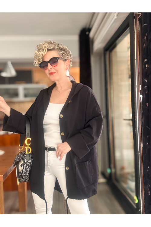 Pizza Tasarım Kapşonlu Sırt Pul Detay Ceket Siyah