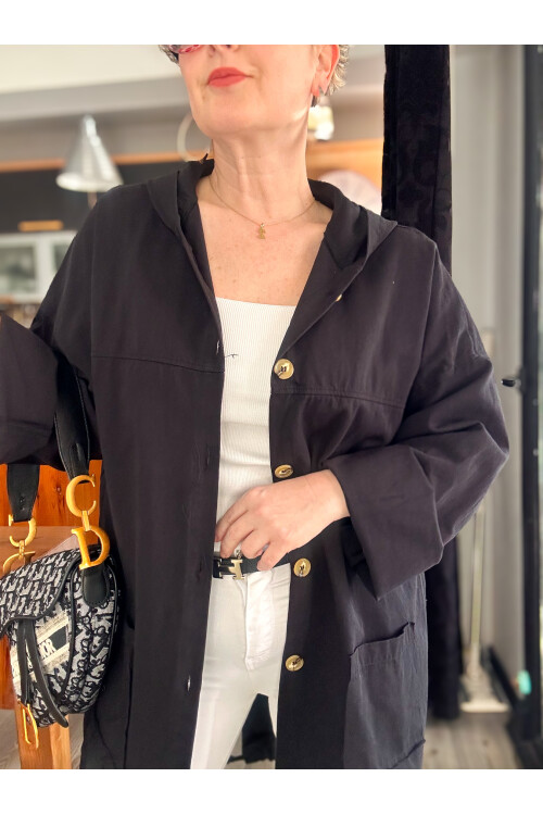 Pizza Tasarım Kapşonlu Sırt Pul Detay Ceket Siyah