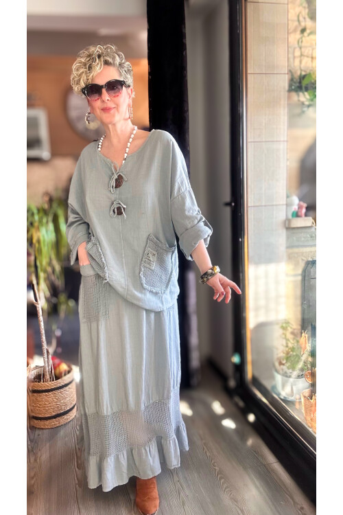 Pronto Vip Tasarım File Detay Etek Bluz Takım Gri