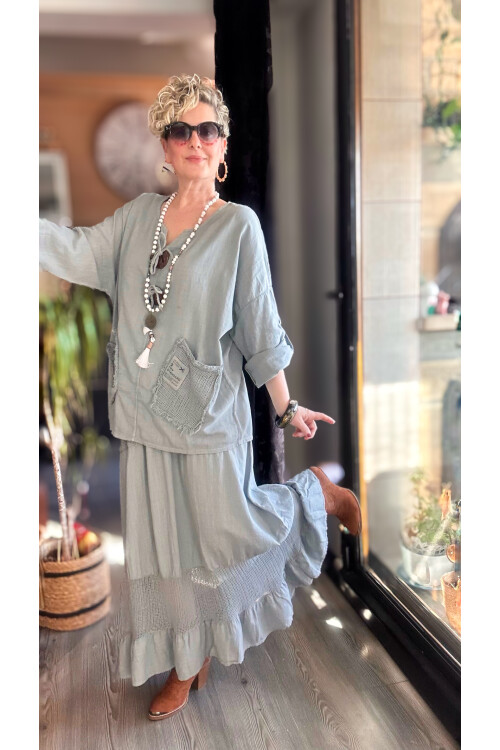 Pronto Vip Tasarım File Detay Etek Bluz Takım Gri