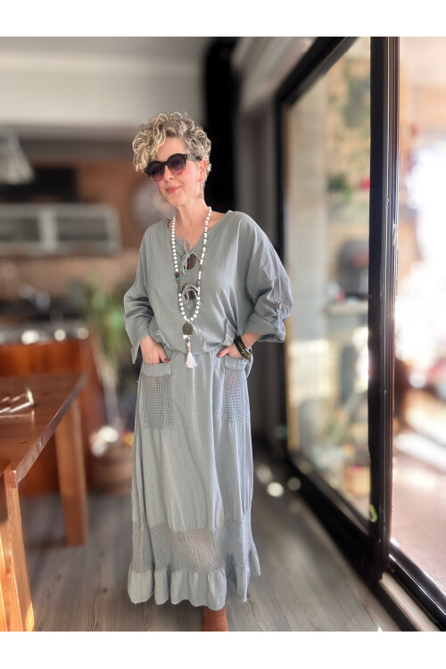 Pronto Vip Tasarım File Detay Etek Bluz Takım Gri