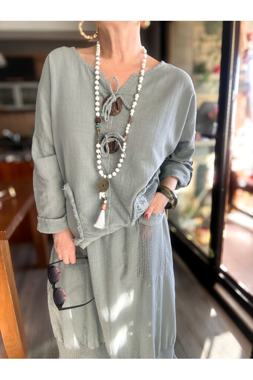 Pronto Vip Tasarım File Detay Etek Bluz Takım Gri