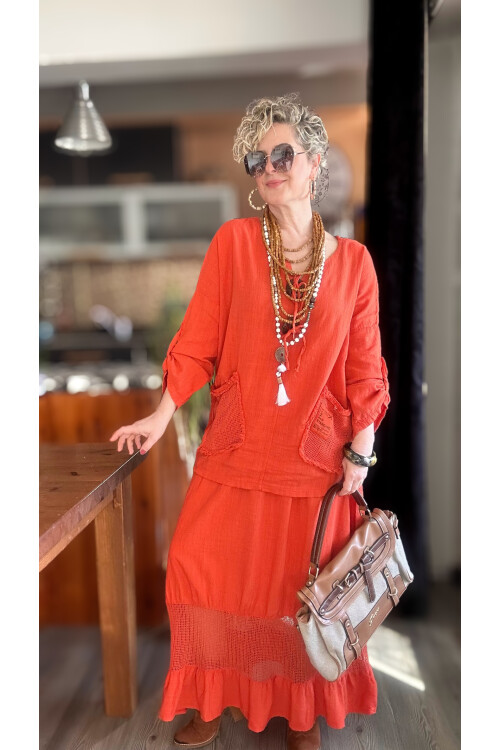 Pronto Vip Tasarım File Detay Etek Bluz Takım Kiremit