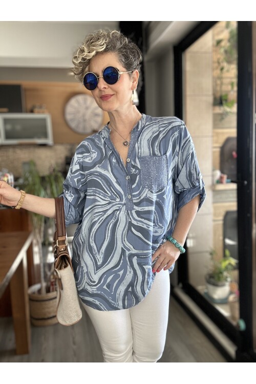 Racca Pul Detay İtalyan Batik Zambak Desen Gömlek Mavi