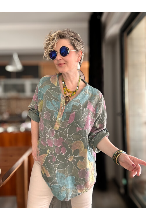 Ragazza Yaprak Desen İtalyan Gömlek Haki