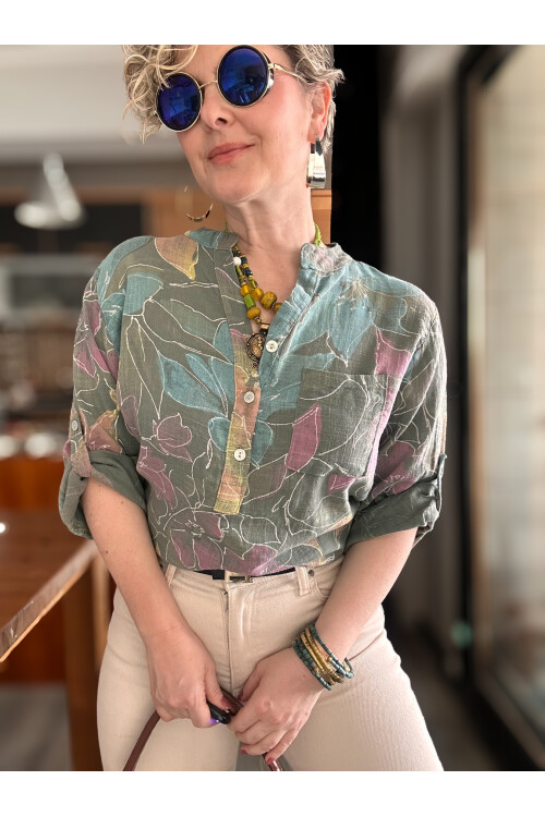 Ragazza Yaprak Desen İtalyan Gömlek Haki